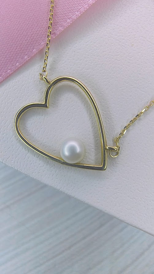 Gargantilla corazón resque con perla en Oro de 10k