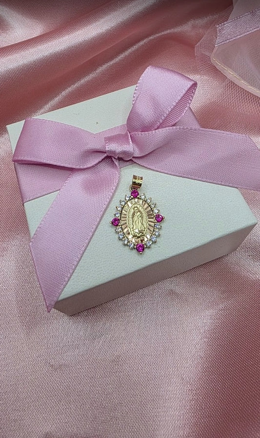 Dije Medalla Guadalupe Piedra Roja En Oro 10k