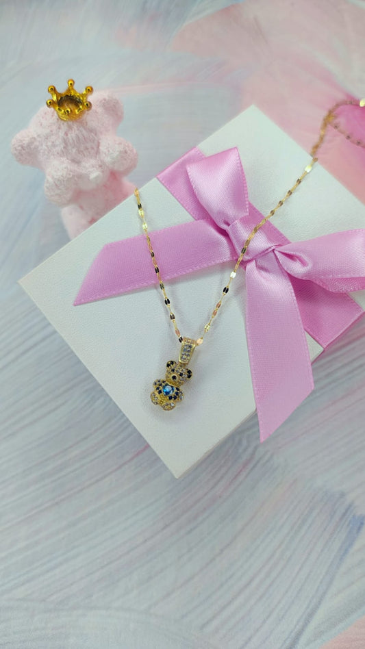 Gargantilla  osito corazón blu en oro de 10k