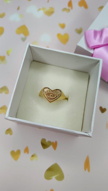 Anillo Corazón Ojo Pestañas En Oro De 10k