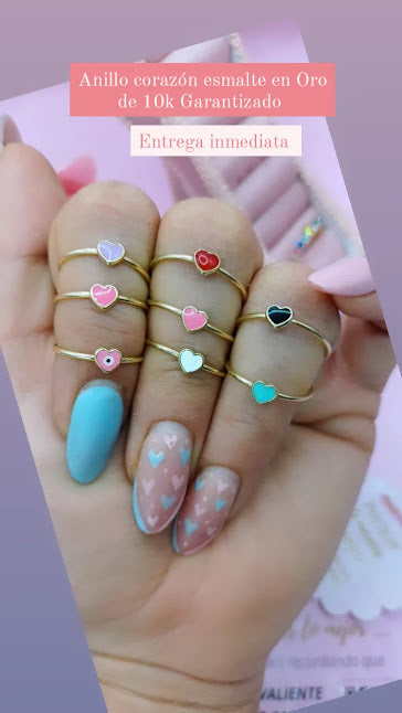 Anillos Corazón Esmaltados En Oro de 10k