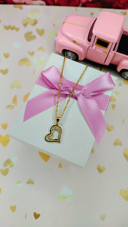 Cadena Singapur y Dije corazón mini doble JD en Oro de 10k